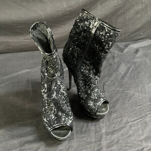 Highest Heel Womens Open Toe Bootie Black sequins Size 6 Shoes
